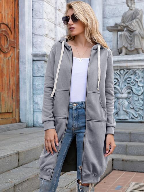 Double Take Full Size Zip-Up Longline Hoodie with Pockets - My Store