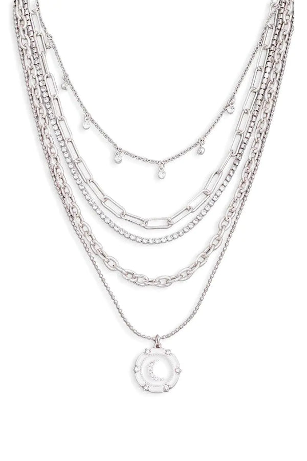 5 Layer Chain Crystal Moon Medallion Necklace - LEATHERS AND FEATHERS