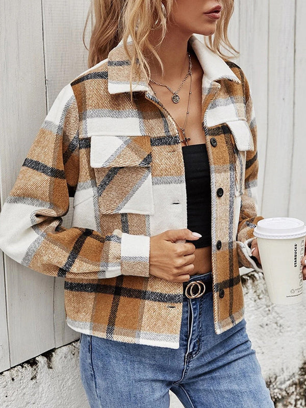 Double Take Plaid Collared Neck Jacket with Breast Pockets - My Store
