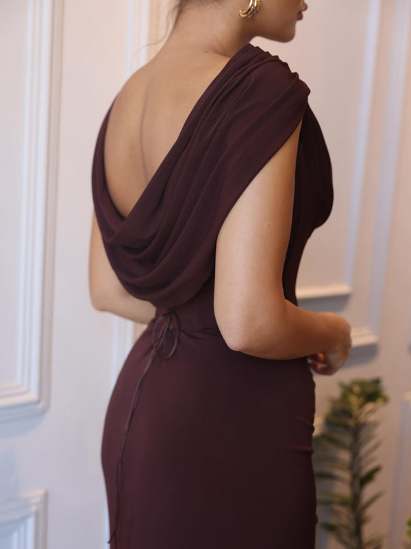Women's Brown Swoosh Collar Maxi Dress - My Store