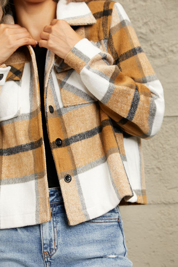 Double Take Plaid Collared Neck Jacket with Breast Pockets - My Store