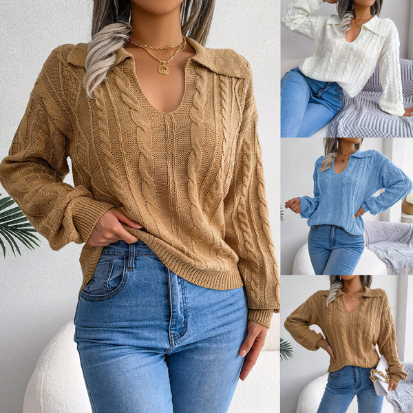 Autumn And Winter Casual Lapel Fried Dough Twist Lantern Sleeve Knitti - My Store
