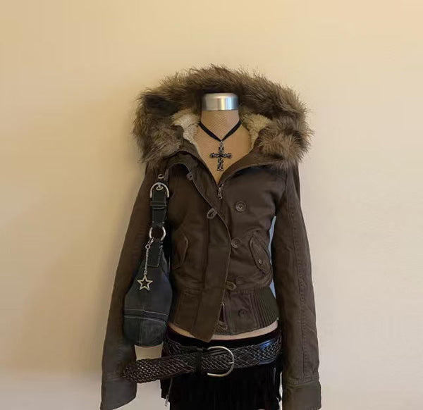 Women's Short Jacket with Fur-Trimmed Hood - My Store