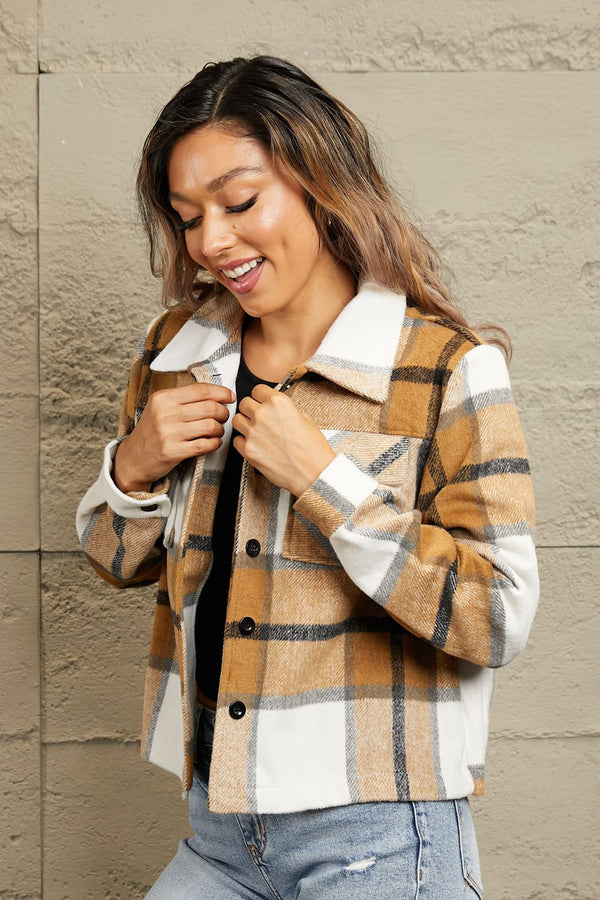 Double Take Plaid Collared Neck Jacket with Breast Pockets - My Store