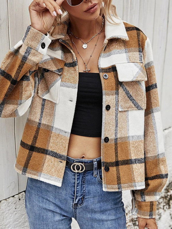 Double Take Plaid Collared Neck Jacket with Breast Pockets - My Store