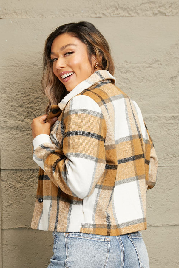 Double Take Plaid Collared Neck Jacket with Breast Pockets - My Store