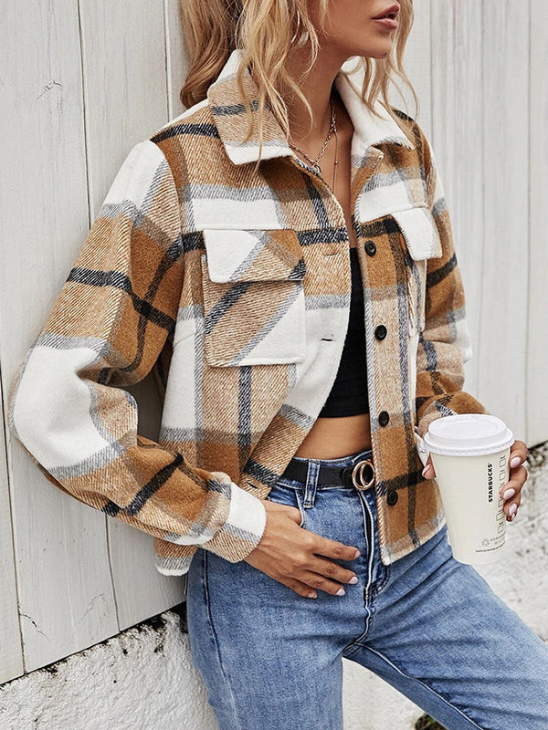 Double Take Plaid Collared Neck Jacket with Breast Pockets - My Store