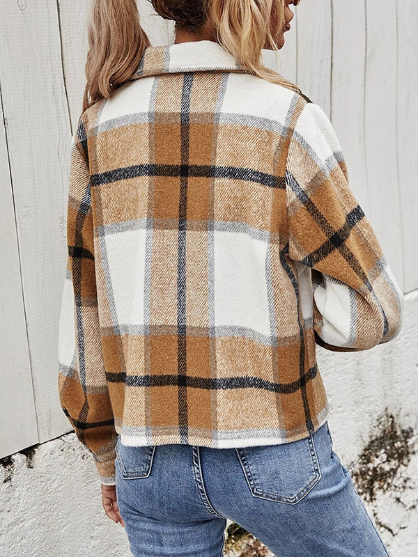Double Take Plaid Collared Neck Jacket with Breast Pockets - My Store