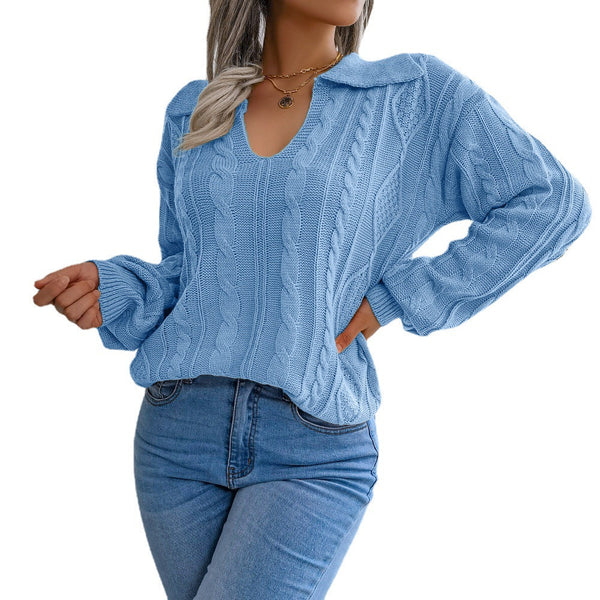Autumn And Winter Casual Lapel Fried Dough Twist Lantern Sleeve Knitti - My Store