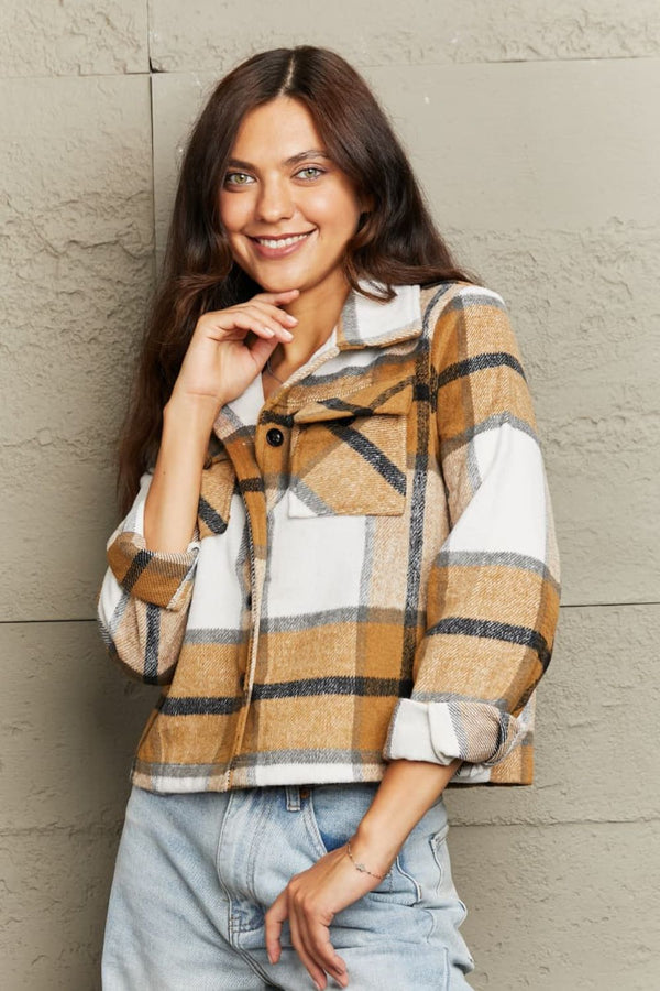 Double Take Plaid Collared Neck Jacket with Breast Pockets - My Store