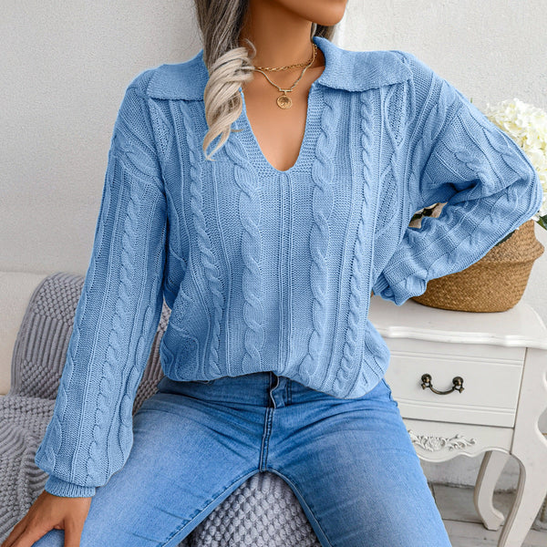 Autumn And Winter Casual Lapel Fried Dough Twist Lantern Sleeve Knitti - My Store