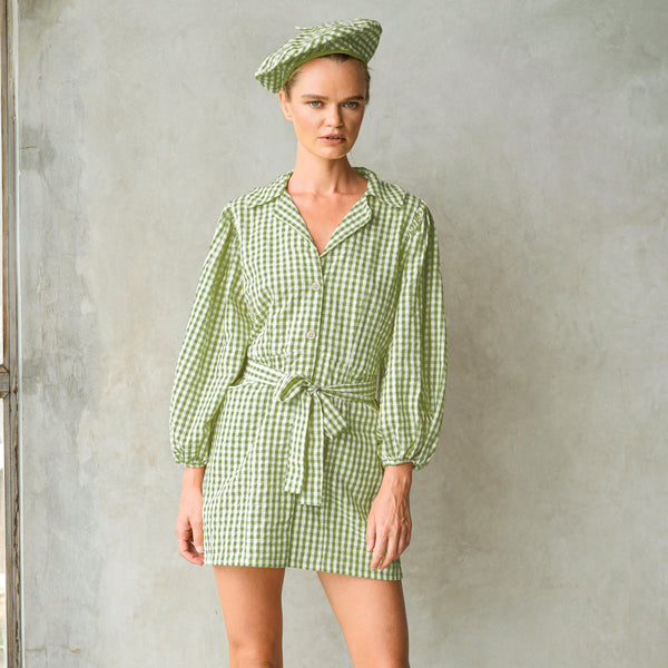 MEGHAN Mini Gingham Dress, in Olive Green - My Store