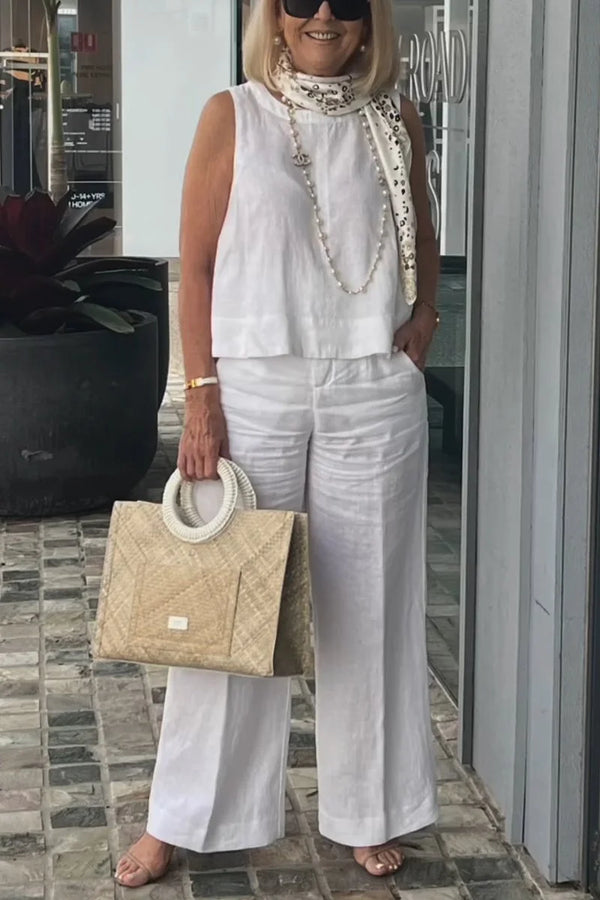 Cotton and Linen Sleeveless Suit - LEATHERS AND FEATHERS