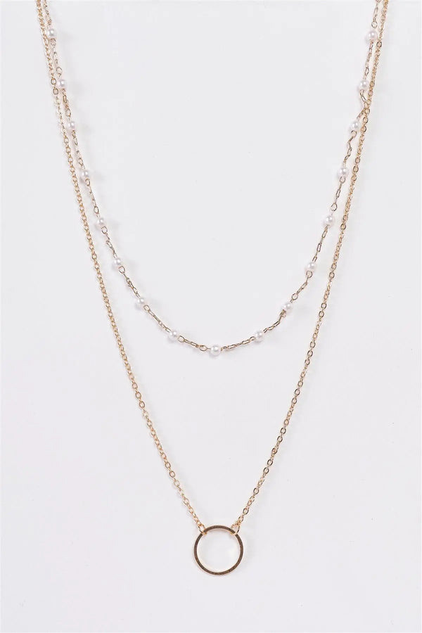 Gold & Pearl Double Circle Pendant Necklace - LEATHERS AND FEATHERS