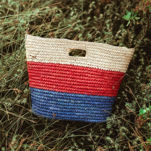 SAYAN Raffia Tote Bag, in Red & Blue - LEATHERS AND FEATHERS