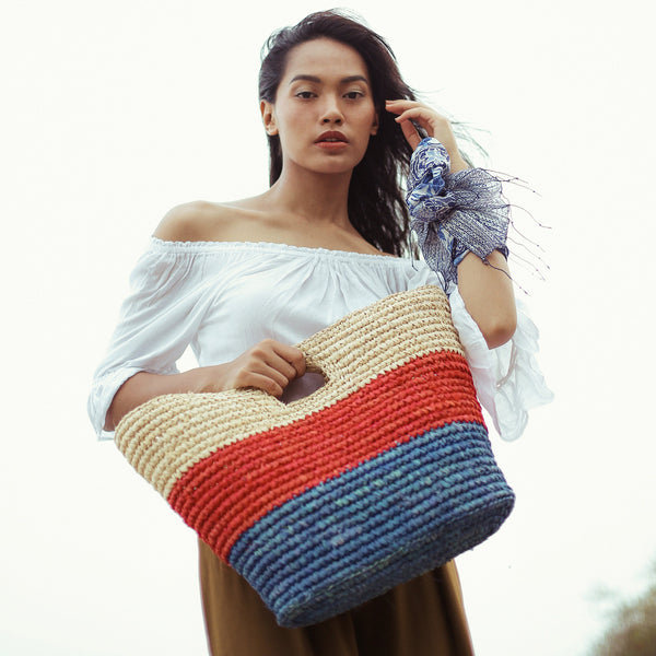 SAYAN Raffia Tote Bag, in Red & Blue - LEATHERS AND FEATHERS