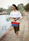 SAYAN Raffia Tote Bag, in Red & Blue - LEATHERS AND FEATHERS