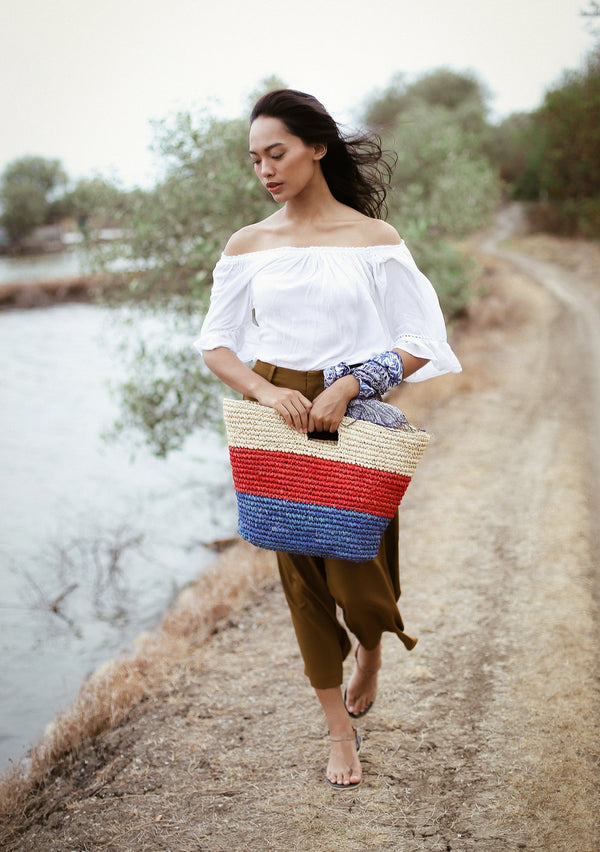 SAYAN Raffia Tote Bag, in Red & Blue - LEATHERS AND FEATHERS