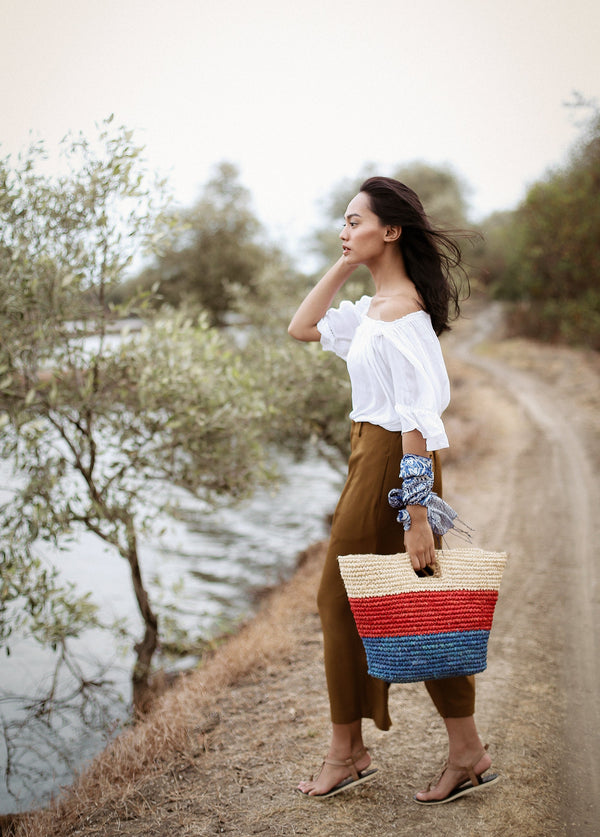 SAYAN Raffia Tote Bag, in Red & Blue - LEATHERS AND FEATHERS