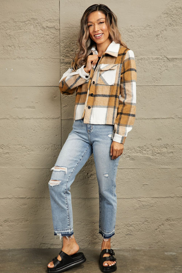Double Take Plaid Collared Neck Jacket with Breast Pockets - My Store