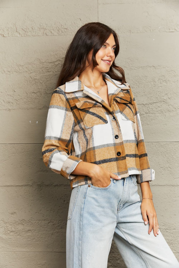 Double Take Plaid Collared Neck Jacket with Breast Pockets - My Store