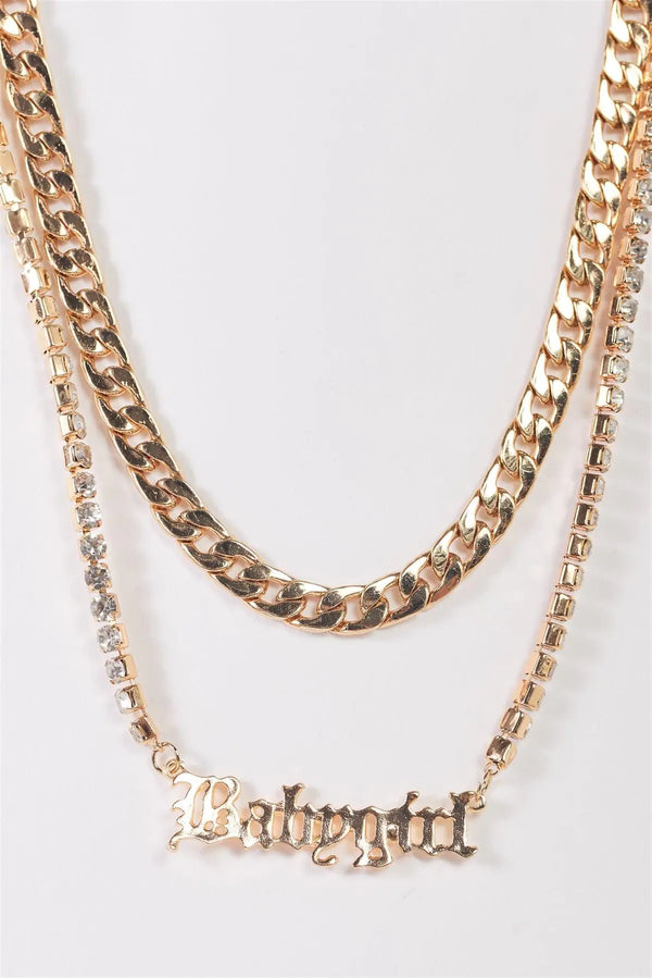 "Babygirl" Gold Chunky Rhinestone Chains Set Necklace - LEATHERS AND FEATHERS