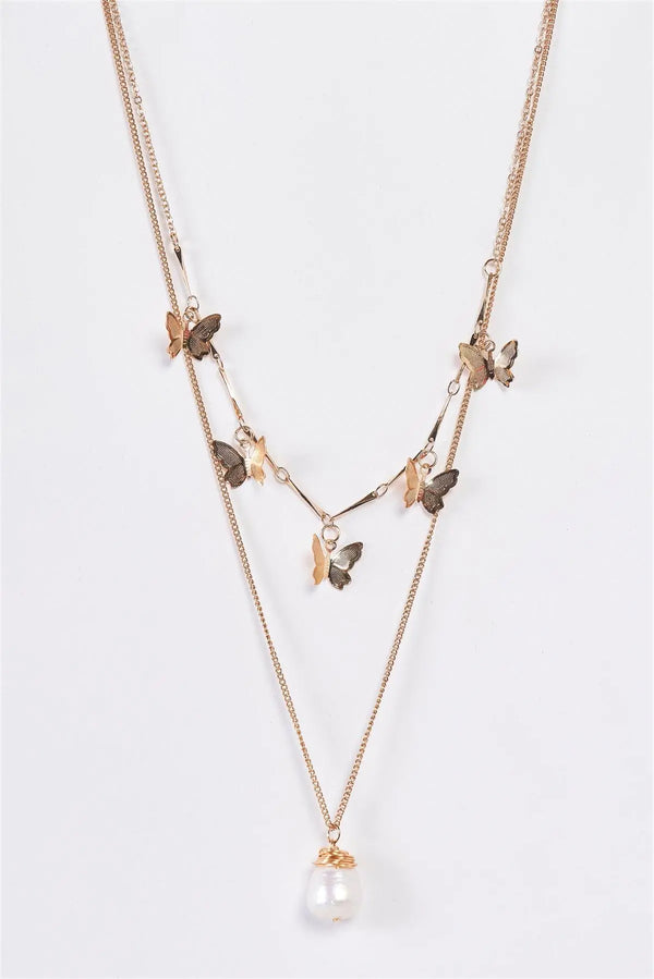 Gold Double Chain Multi Butterfly Pearl Charm Necklace - LEATHERS AND FEATHERS