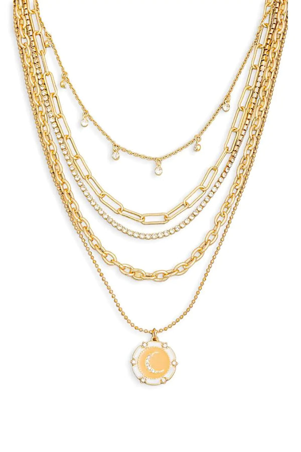 5 Layer Chain Crystal Moon Medallion Necklace - LEATHERS AND FEATHERS