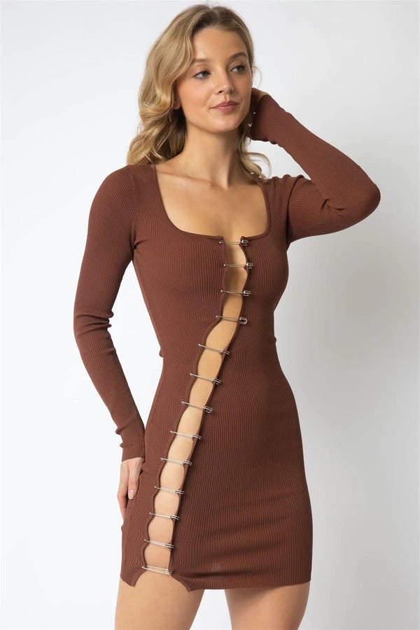 Cocoa Knit Cut-Out Large Pin Detail Mini Dress - My Store