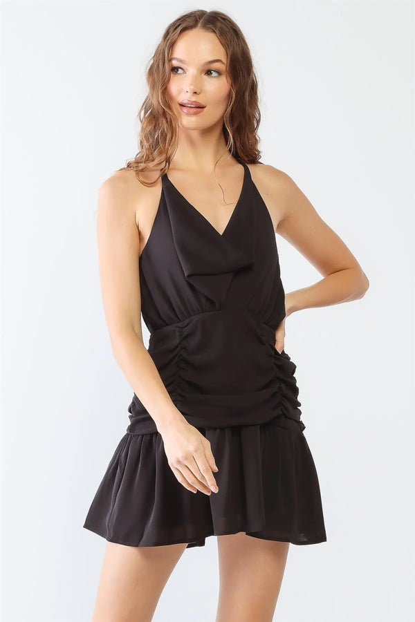 Black Cowl Neck Ruched Strappy Layered Mini Dress - LEATHERS AND FEATHERS