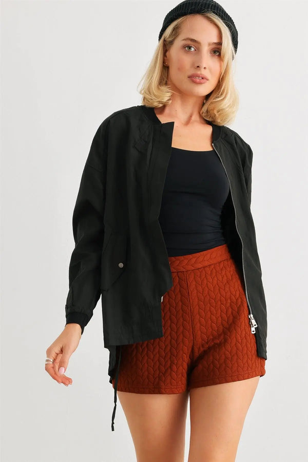 Black Two Way Zipper Drawstring Waist & Hem Coach Jacket /4-2 - LEATHERS AND FEATHERS