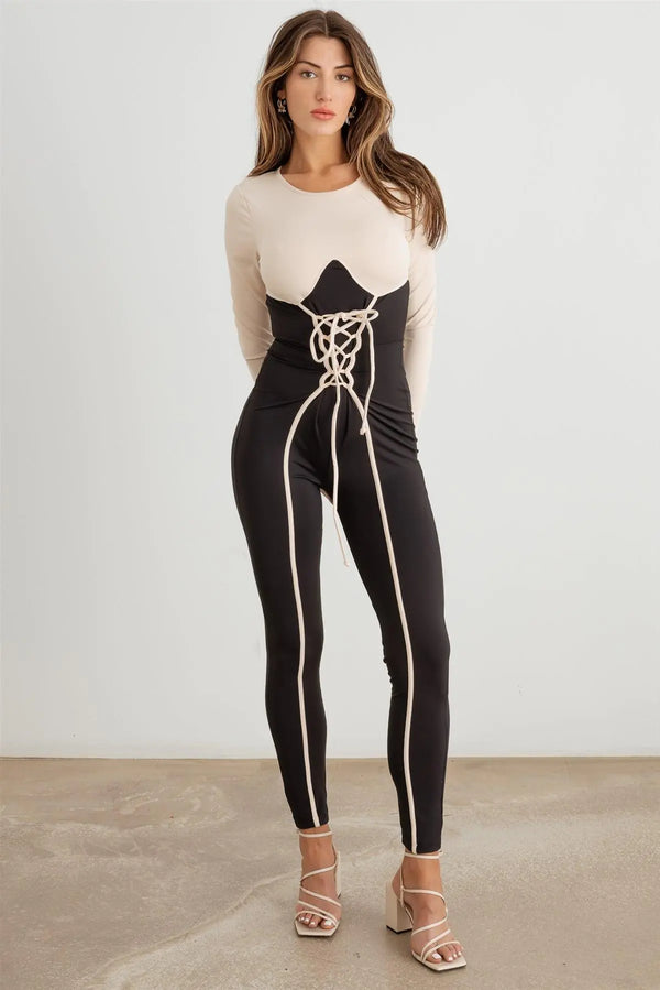 Contrast Stitch Lace-Up Long Sleeve Jumpsuit - LEATHERS AND FEATHERS