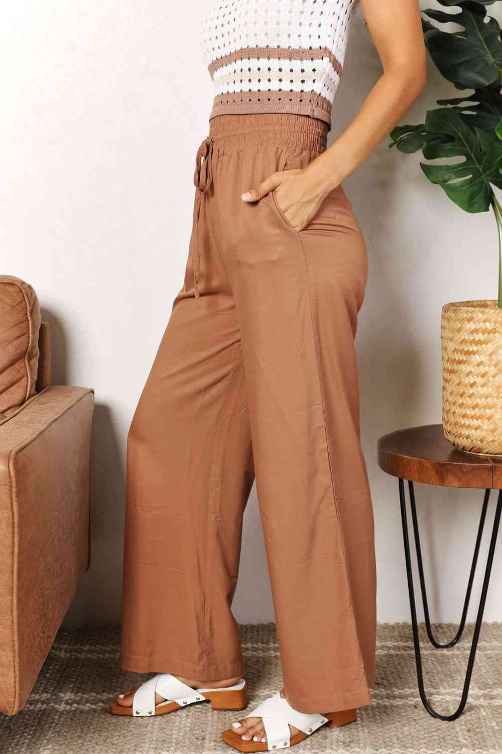 Double Take Drawstring Smocked Waist Wide Leg Pants - My Store