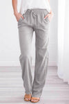 Women's Gray Drawstring Elastic Waist Pockets Long Straight Legs Pants - My Store