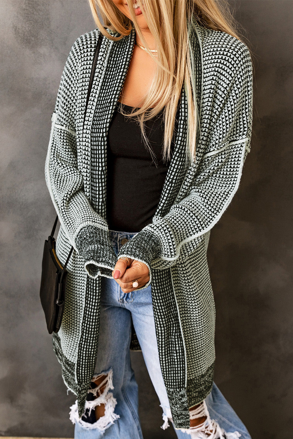 Gray Plaid Knitted Long Open Front Cardigan - My Store