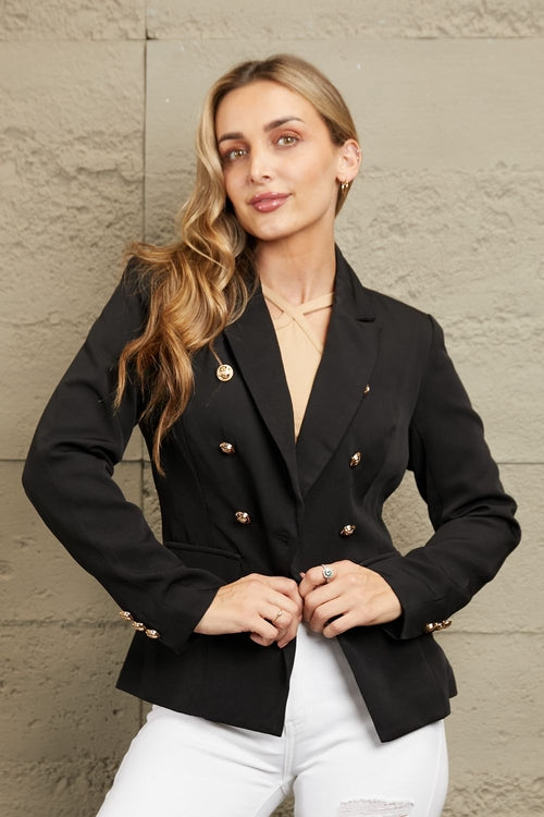 Double Take Double-Breasted Padded Shoulder Blazer - My Store