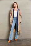 Double Take Geometric Fringe Hem Open Front Duster Cardigan - My Store