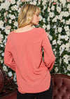 V-neck Tie Cuff Blouse In Faded Coral - My Store