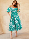 Printed Off-Shoulder Balloon Sleeve Dress - My Store