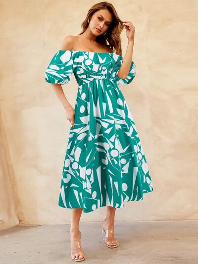 Printed Off-Shoulder Balloon Sleeve Dress - My Store