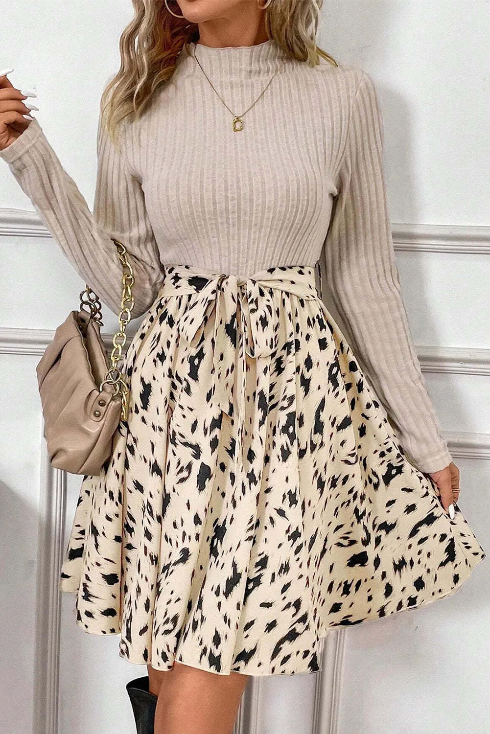 Tied Printed Mock Neck Long Sleeve Dress - My Store