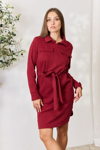 Culture Code Full Size Tie Front Half Zip Long Sleeve Shirt Dress - My Store