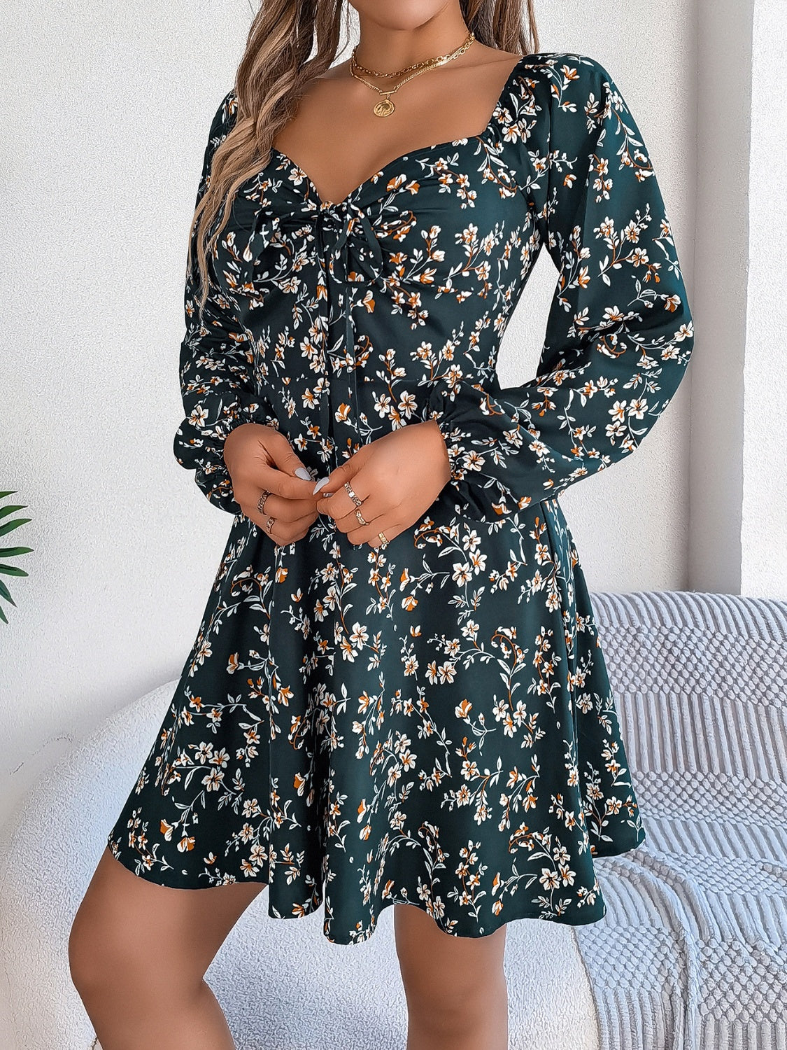 Printed Sweetheart Neck Balloon Sleeve Mini Dress - My Store