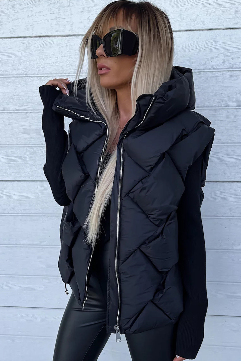 Black Quilted Zipper Front Hooded Vest Coat - My Store