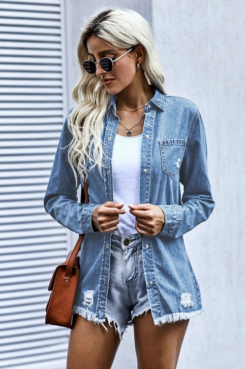 Women's Shirt Collar Ripped Denim Jacket - My Store