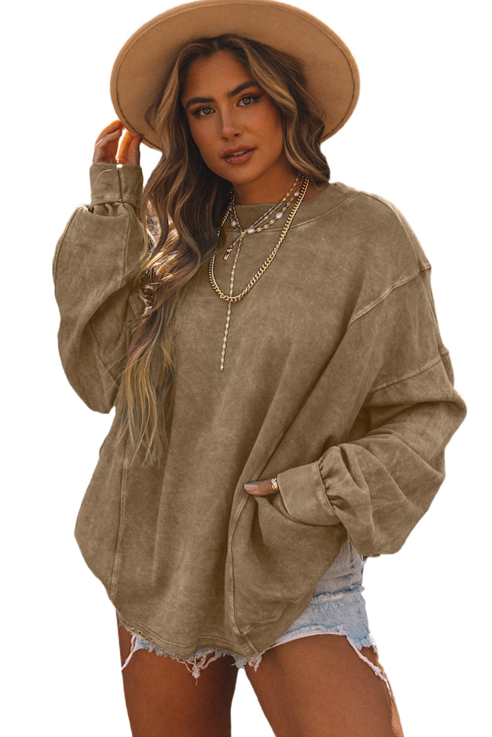 Khaki Exposed Seam Twist Open Back Oversized Sweatshirt - My Store