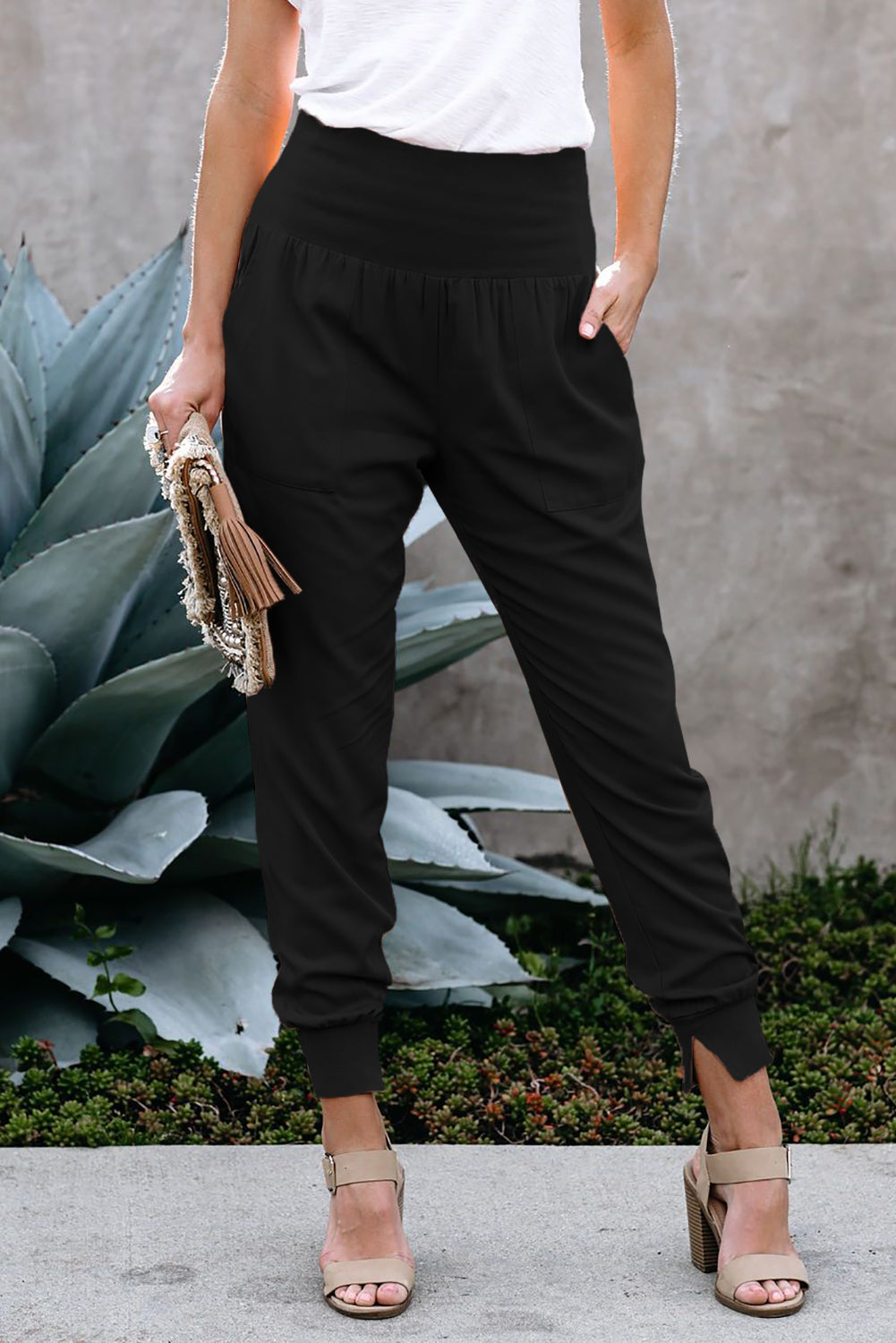 Womens Black Pocketed Cotton Joggers - My Store