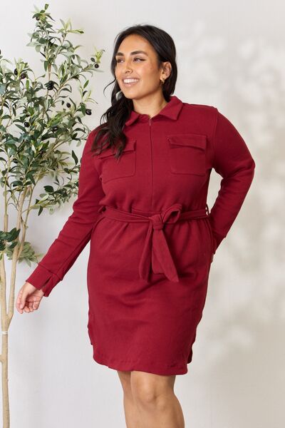 Culture Code Full Size Tie Front Half Zip Long Sleeve Shirt Dress - My Store