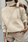 Women's Apricot Strapped Cut out Shoulder Turtleneck Sweater - My Store