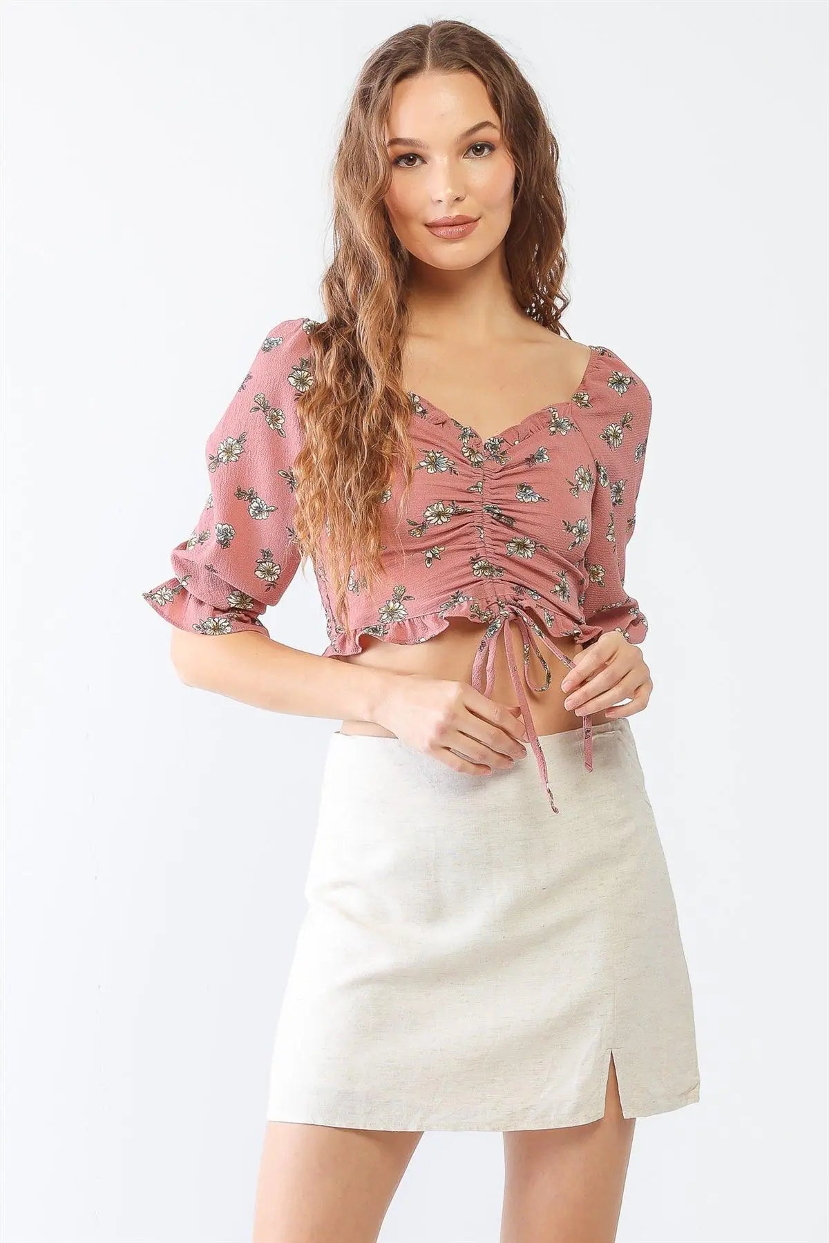 Floral Ruffle Smocked Back Ruched Crop Top - My Store